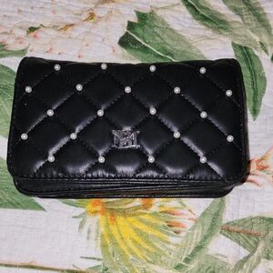 Badgley Mischka Black Quilted Wallet with Pearl Details